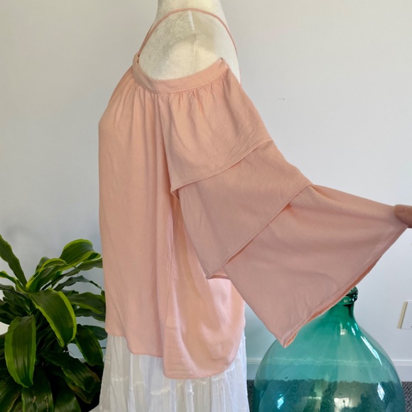 ** SOLD ** Pink Cold Shoulder Crepe Blouse - Size M - Picture 8 of 12